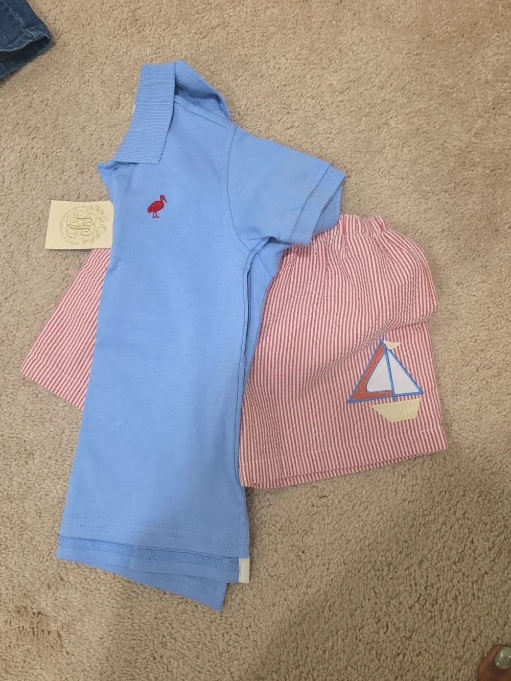 The Beaufort Bonnet Company Light Blue Polo & Pink Seersucker Shorts Set